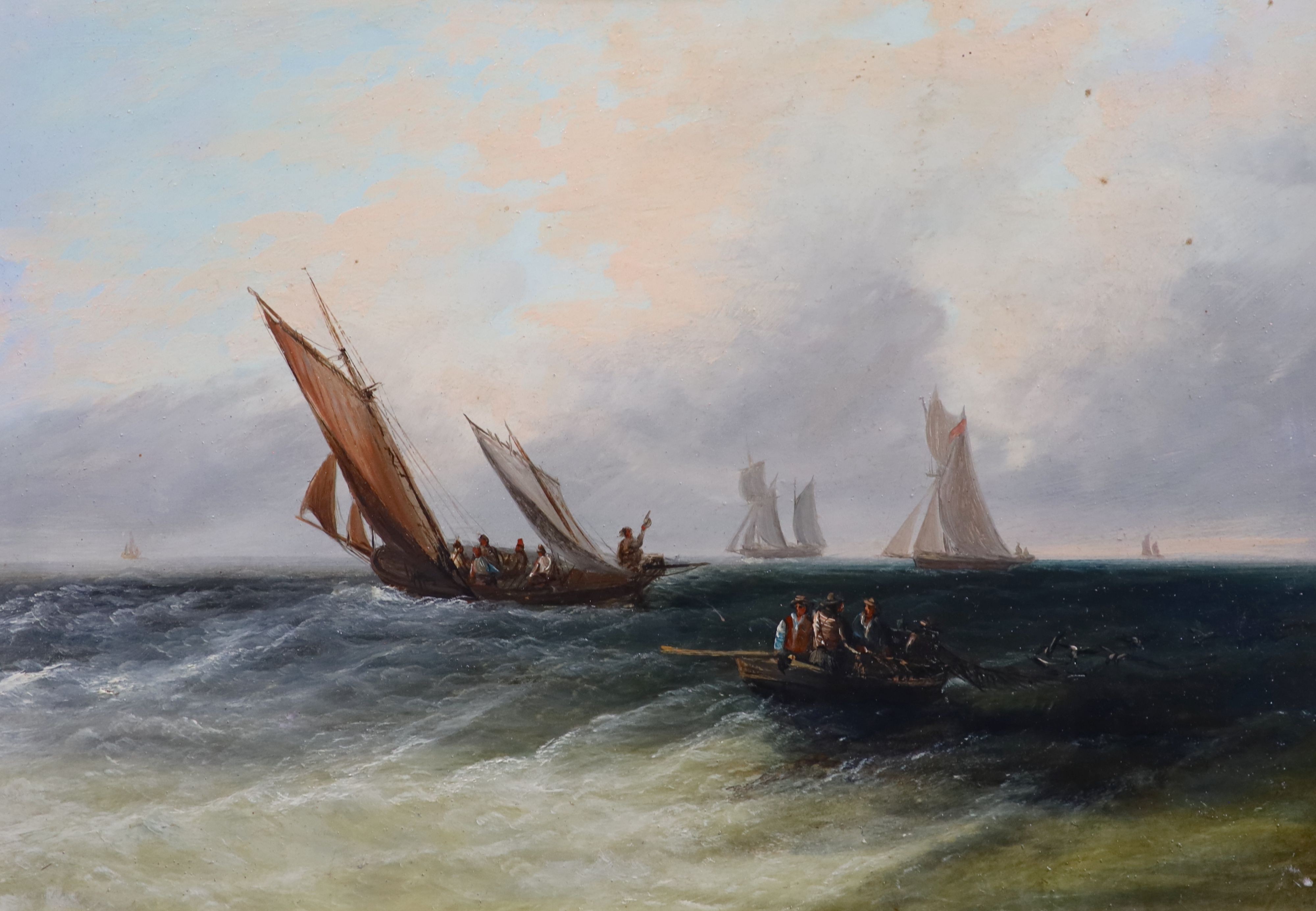 19th century English School , Fishing boats and other shipping off the coast, set of four oils on mill board, 24 x 34cm